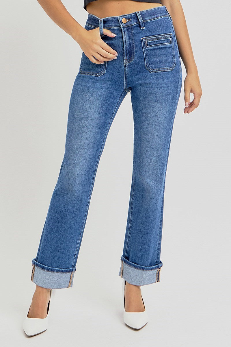 Risen - High Rise Elastic Band Ankle Slim Straight Front Pocket Jeans
