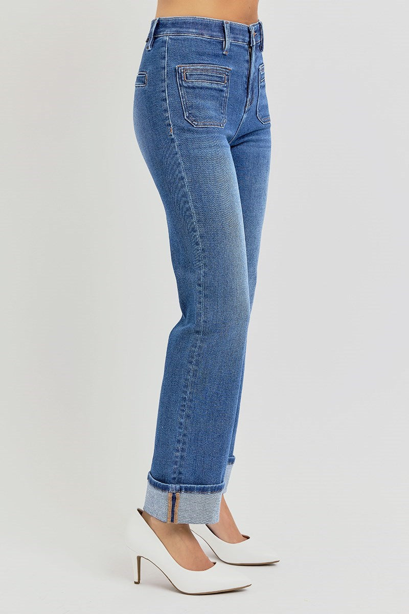 Risen - High Rise Elastic Band Ankle Slim Straight Front Pocket Jeans