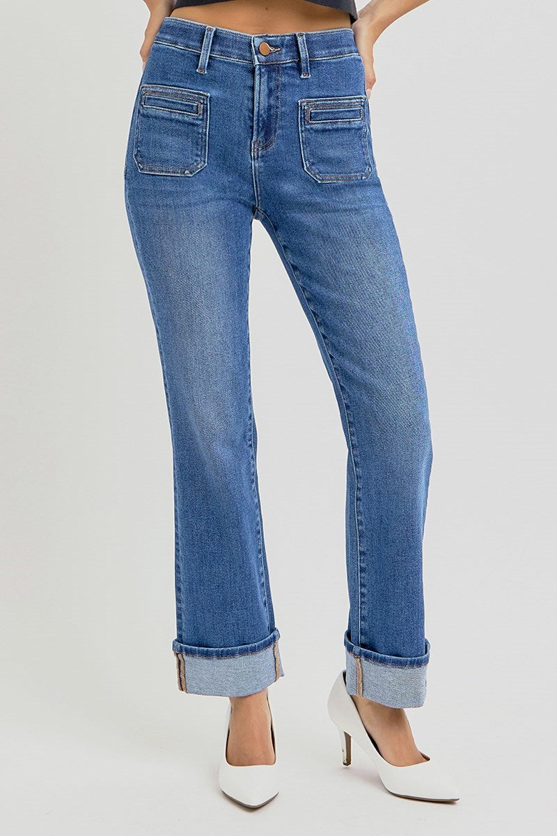 Risen - High Rise Elastic Band Ankle Slim Straight Front Pocket Jeans