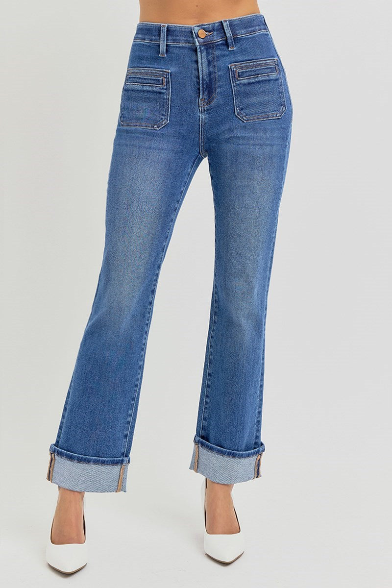Risen - High Rise Elastic Band Ankle Slim Straight Front Pocket Jeans