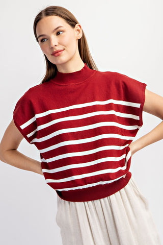 Mock Neck Short Sleeve Striped Top