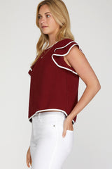 Ruffle Sleeve Contrast Piping Top