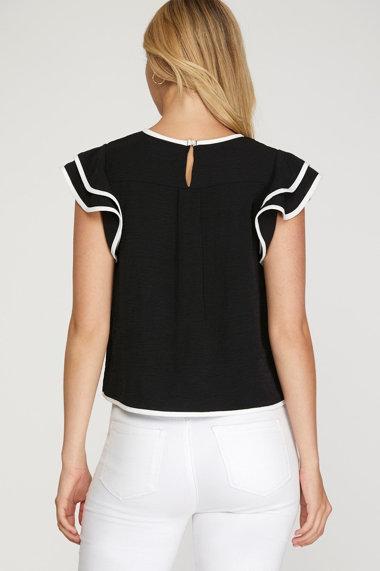 Ruffle Sleeve Contrast Piping Top