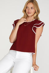 Ruffle Sleeve Contrast Piping Top