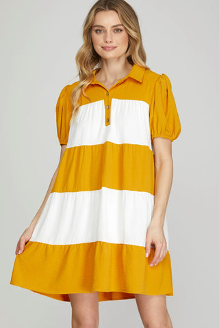 Short Puff Sleeve Woven Color Blocked Tiered Dress