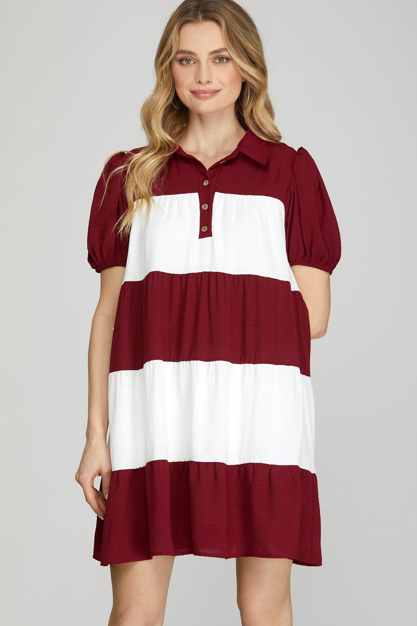 Short Puff Sleeve Woven Color Blocked Tiered Dress