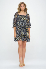 Foil Print Floral 3/4 Sleeve Babydoll Dress