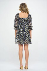 Foil Print Floral 3/4 Sleeve Babydoll Dress
