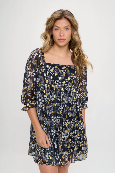 Foil Print Floral 3/4 Sleeve Babydoll Dress