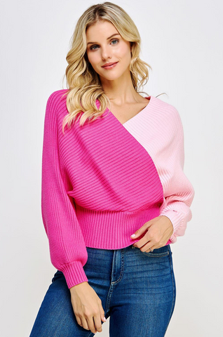 Color Block Wrap Surplice Sweater