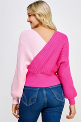 Color Block Wrap Surplice Sweater