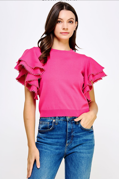 Double Layer PomPom Short Sleeve Knit Top