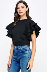 Double Layer PomPom Short Sleeve Knit Top