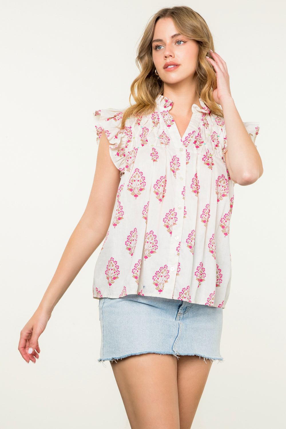 Button Up Flower Print Top