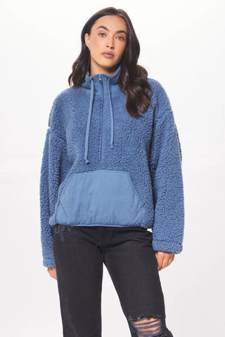 Vintage Havana - Stone Blue Fuzzy Fleece Half Zip Sweater