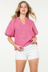 Puff Sleeve Collared V-Neck Tweed Top