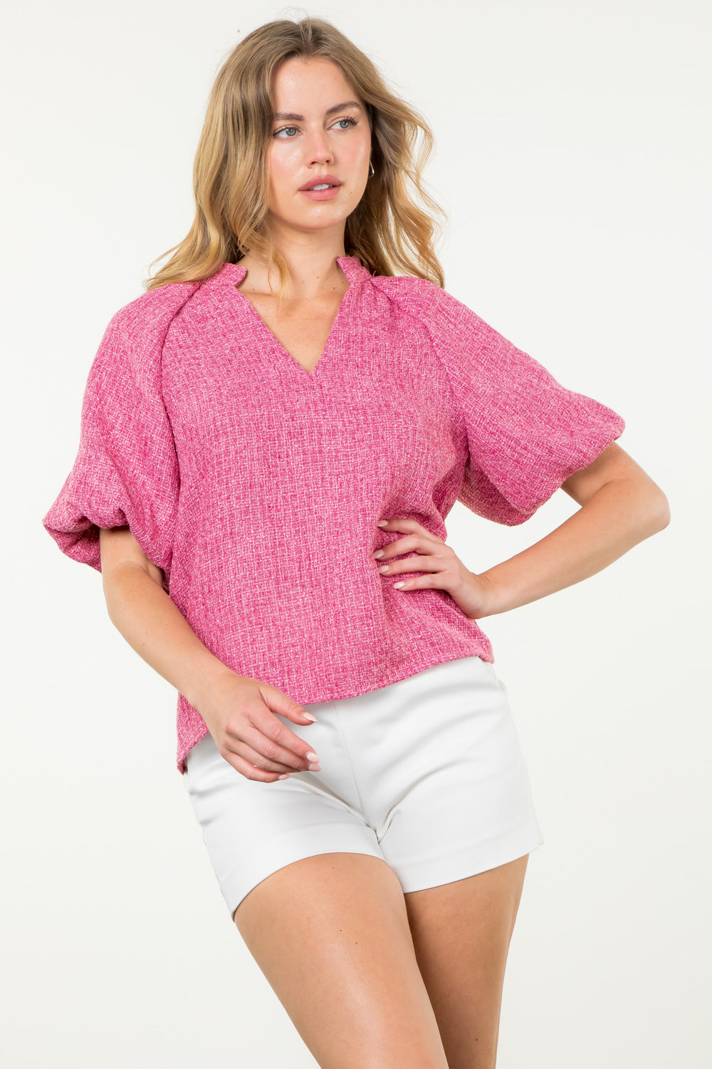 Puff Sleeve Collared V-Neck Tweed Top