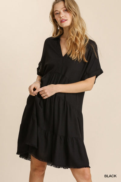 Linen Blend Short Folded Sleeve V-Neck Collared Ruffle Tiered Dress with Frayed Hem