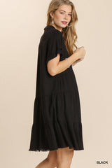 Linen Blend Short Folded Sleeve V-Neck Collared Ruffle Tiered Dress with Frayed Hem