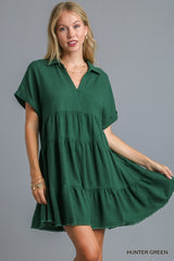 Linen Blend Short Folded Sleeve V-Neck Collared Ruffle Tiered Dress with Frayed Hem