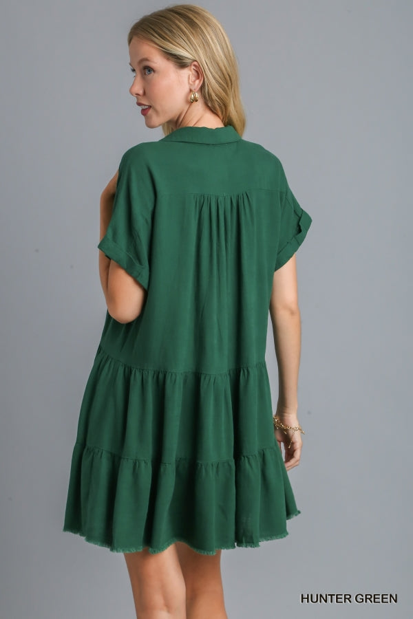Linen Blend Short Folded Sleeve V-Neck Collared Ruffle Tiered Dress with Frayed Hem