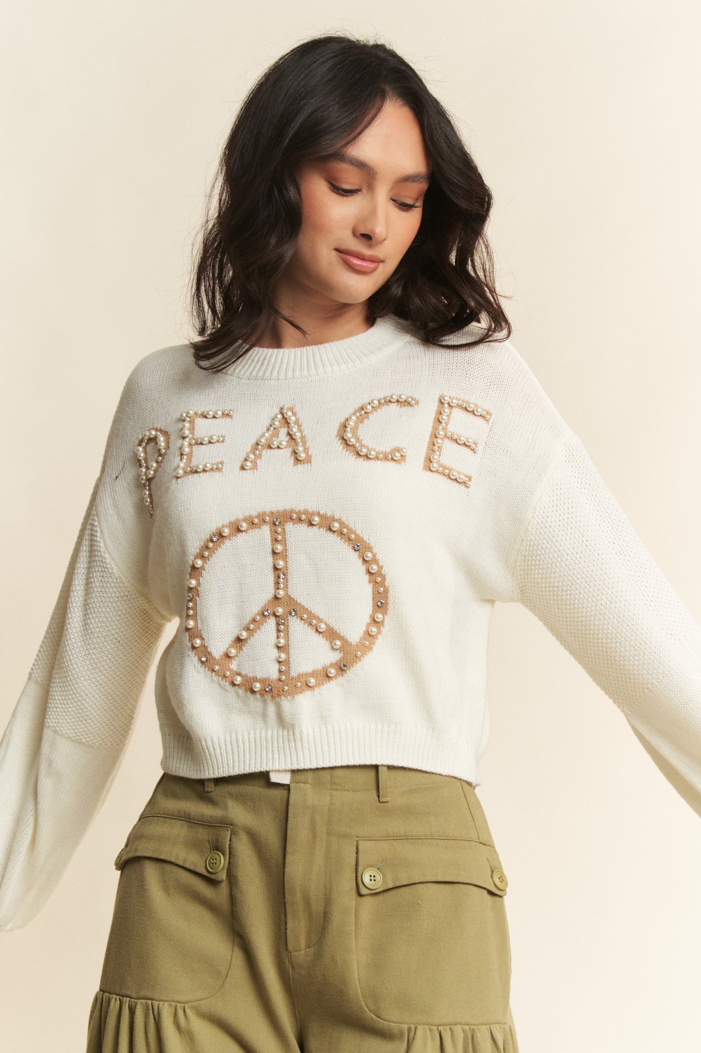 Lightweight Knit Pearl Studs Stone Sweater Top