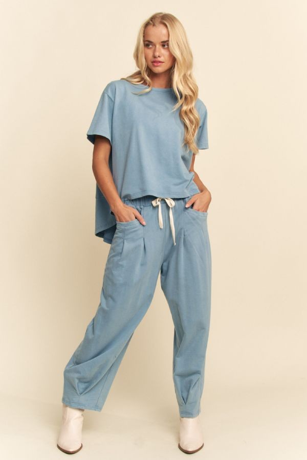Garment Washed Short Sleeve Pleat Top Pants Set