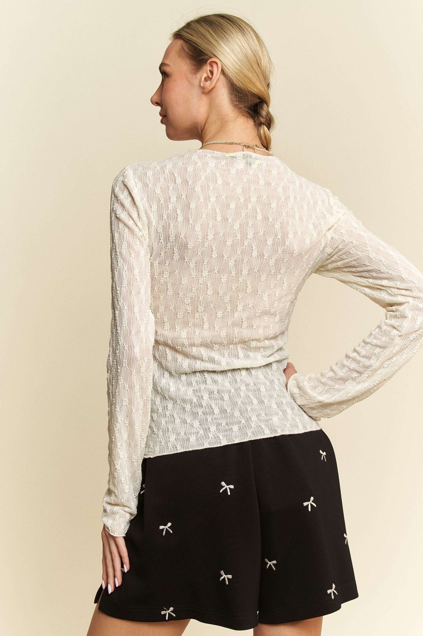 Long Sleeve Sheer Small Embroidered Bows Lace Top