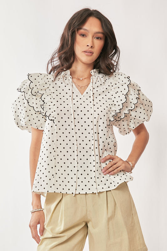 Polka Dot Contrast Ruffle Puff Sleeve Blouse Top