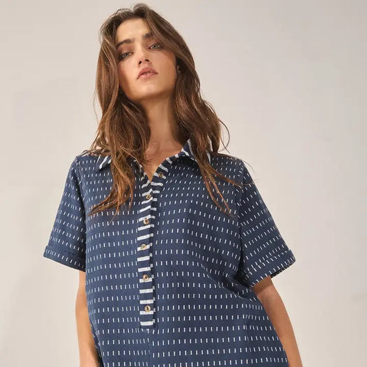 Dash Dot Print Fabric Collared Neck Romper