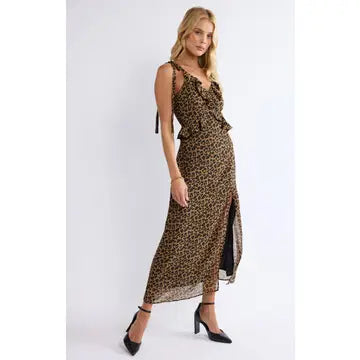 Be Fierce Leopard Tie Strap Ruffled Maxi Dress