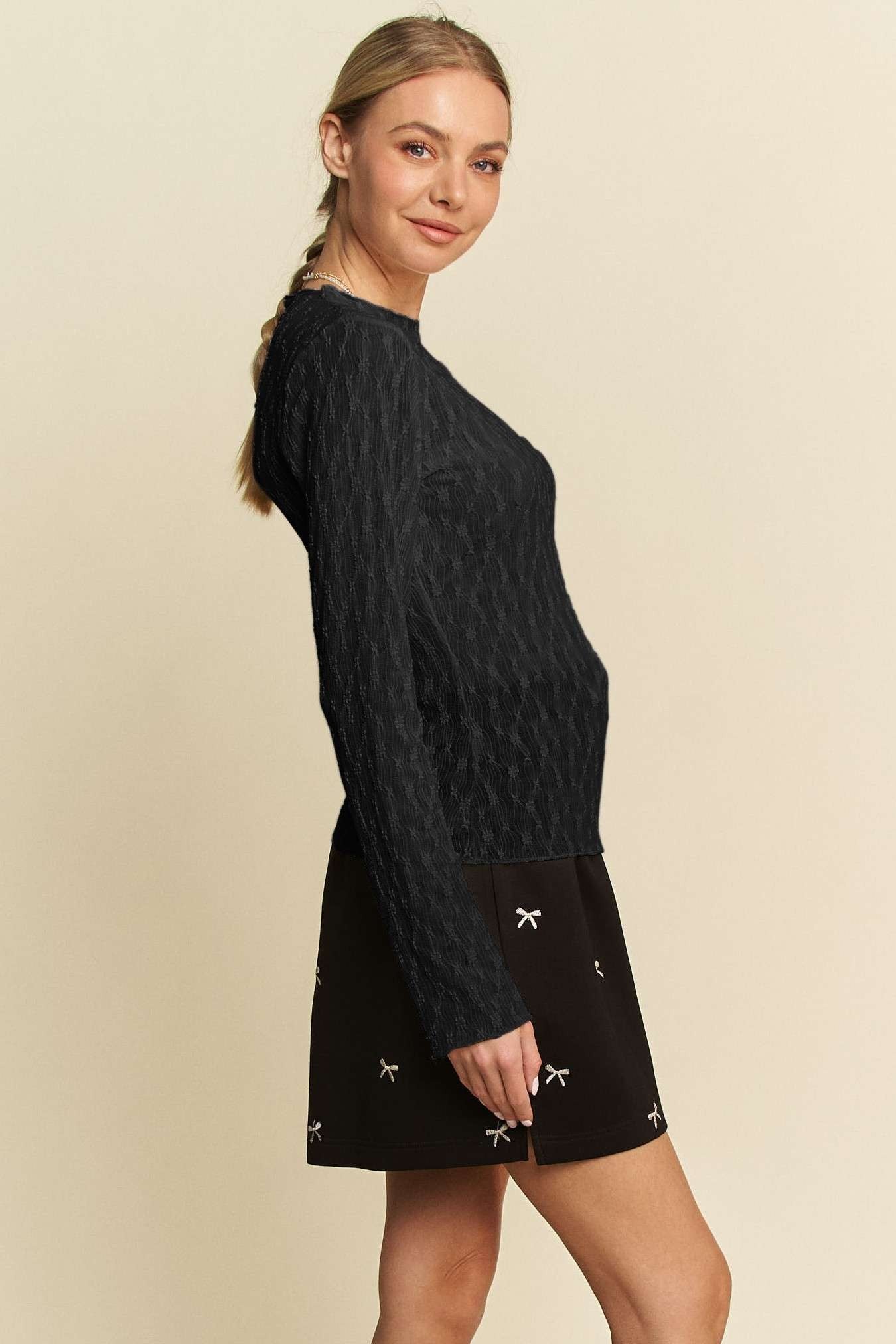 Long Sleeve Sheer Small Embroidered Bows Lace Top