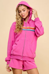 Zipper Front Sweater Hoodie Featuring Multi-Color Striped Detailed Front
