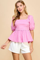 Square Neckline Puff Sleeve Pleated Top