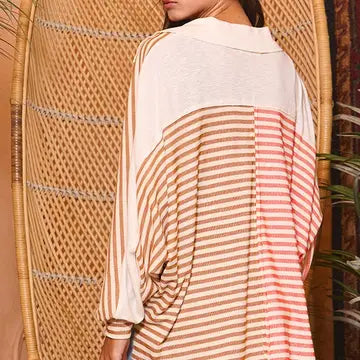 Striped Color-Block Oversized Button Up Tunic Top