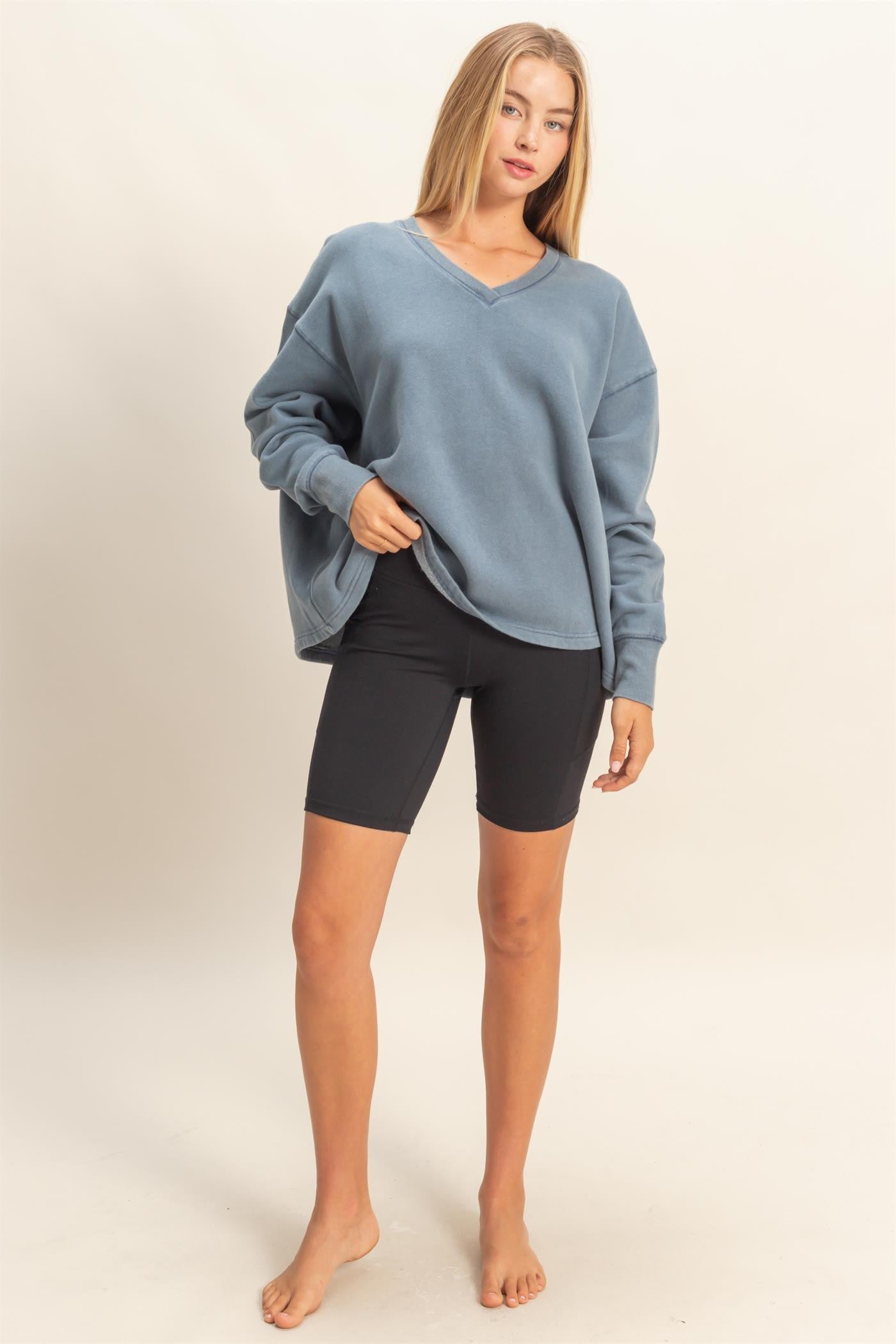Oversized V-neck Sweatshirt With Raw Edge Detail
