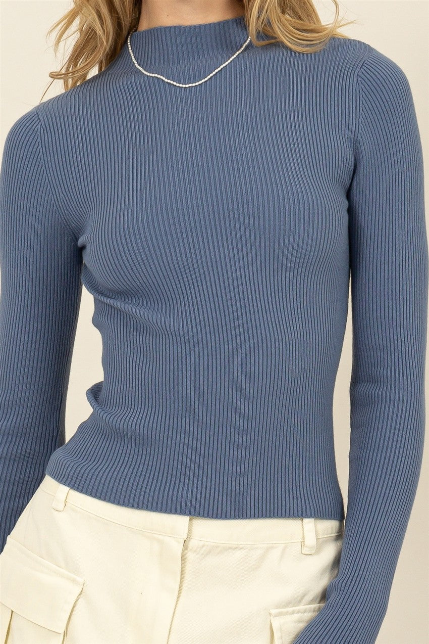 Ribbed Mock Neck Long Sleeve Sweater Top