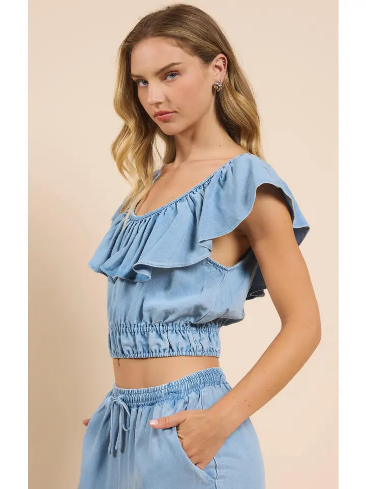 It's Pouring Wide Ruffle Neckline Top