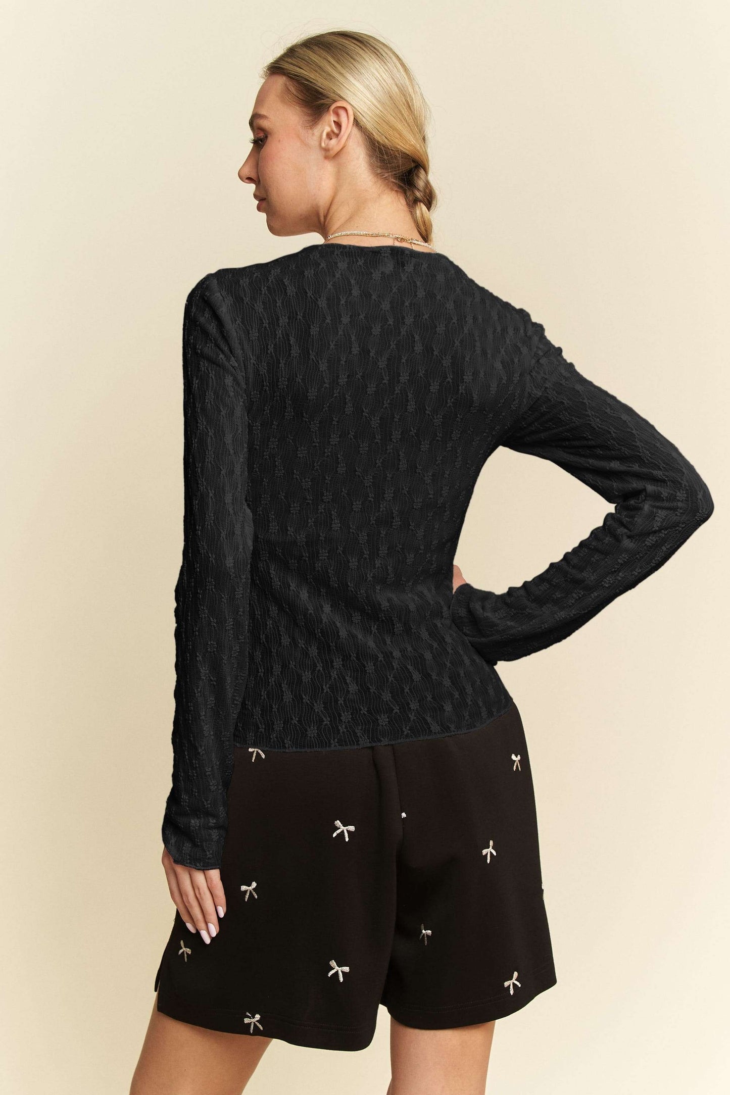 Long Sleeve Sheer Small Embroidered Bows Lace Top