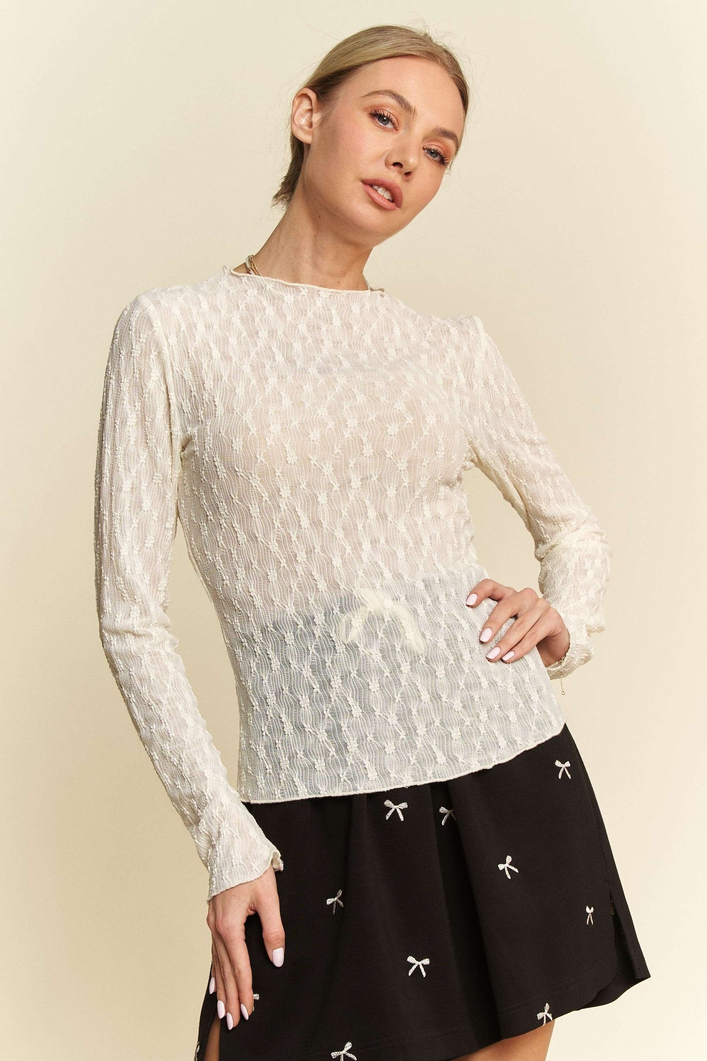 Long Sleeve Sheer Small Embroidered Bows Lace Top