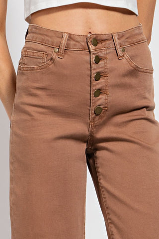 Button Front Stretch Twill Bell Bottom Pants