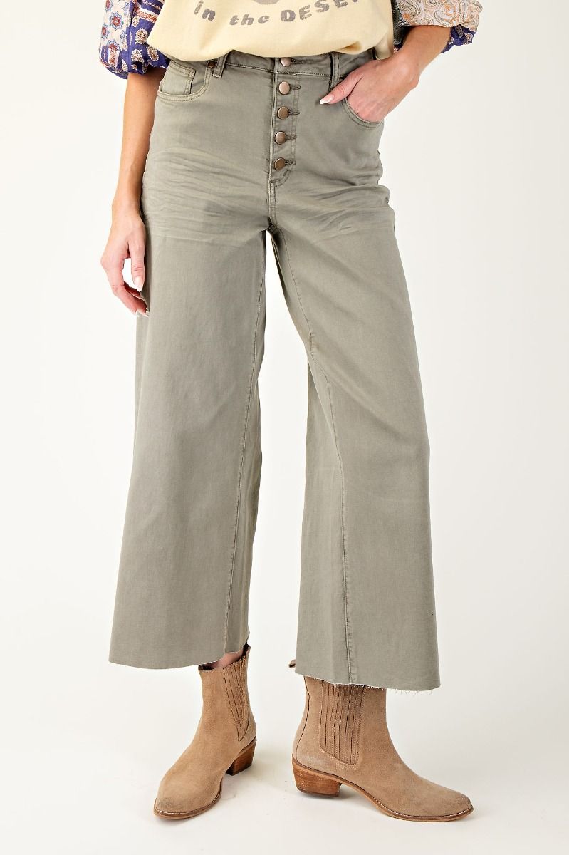 Button Front Stretch Twill Bell Bottom Pants