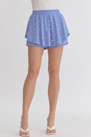 High Waisted Shorts With Pearl Overlay Detail