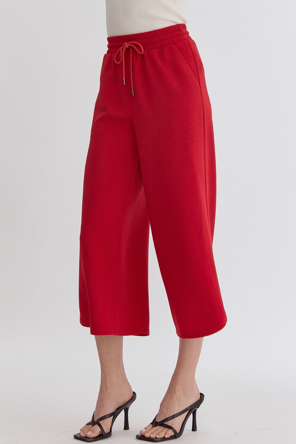 Textured High Waisted Wide Leg Pants With Ruffle Sleeve Top Set