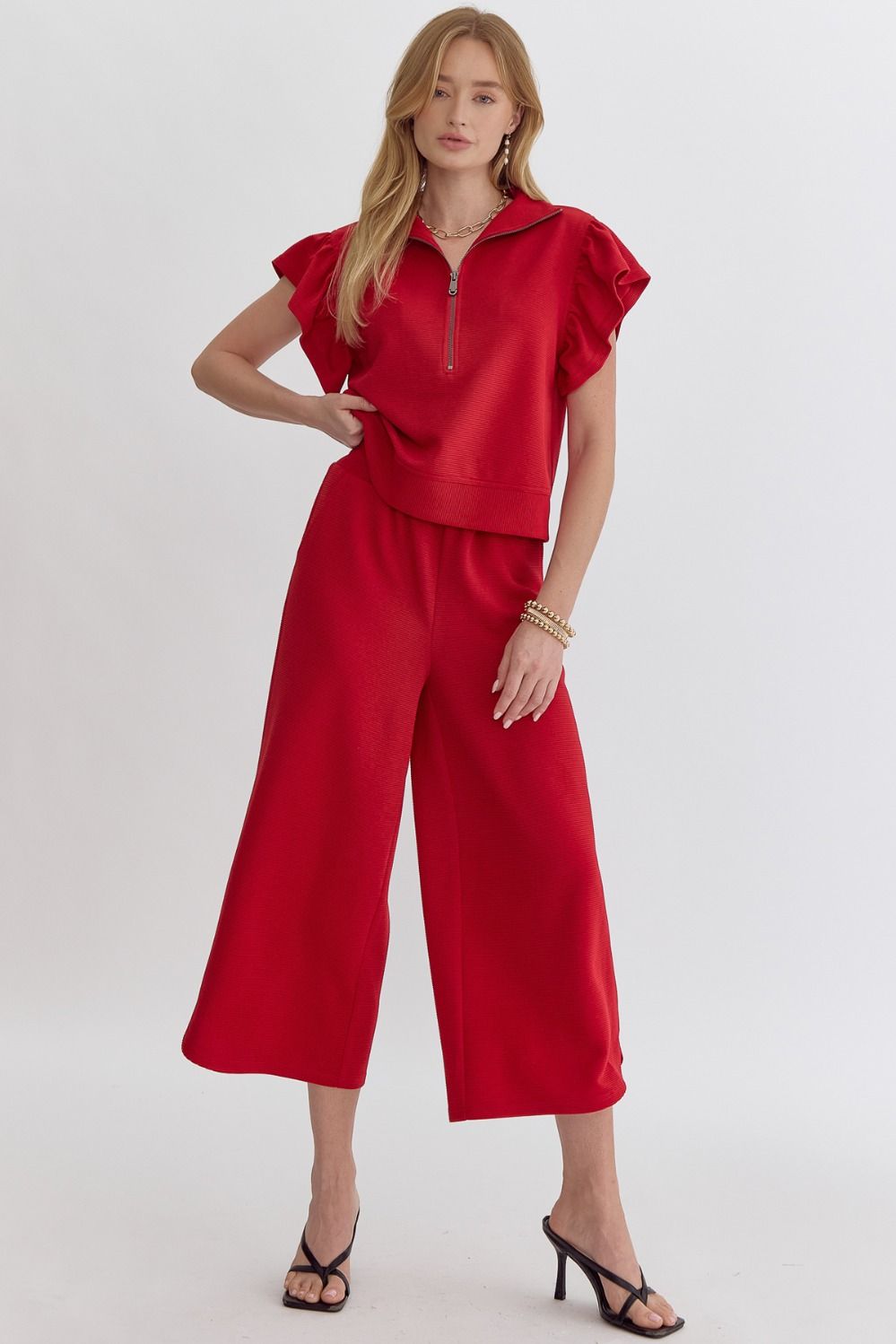 Textured High Waisted Wide Leg Pants With Ruffle Sleeve Top Set