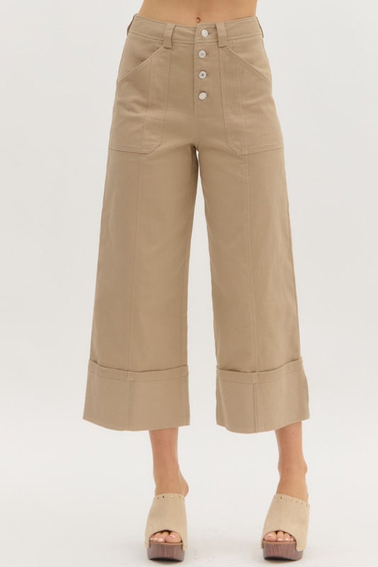 Solid High Waist Cropped Wide-Leg Cuffed Pants