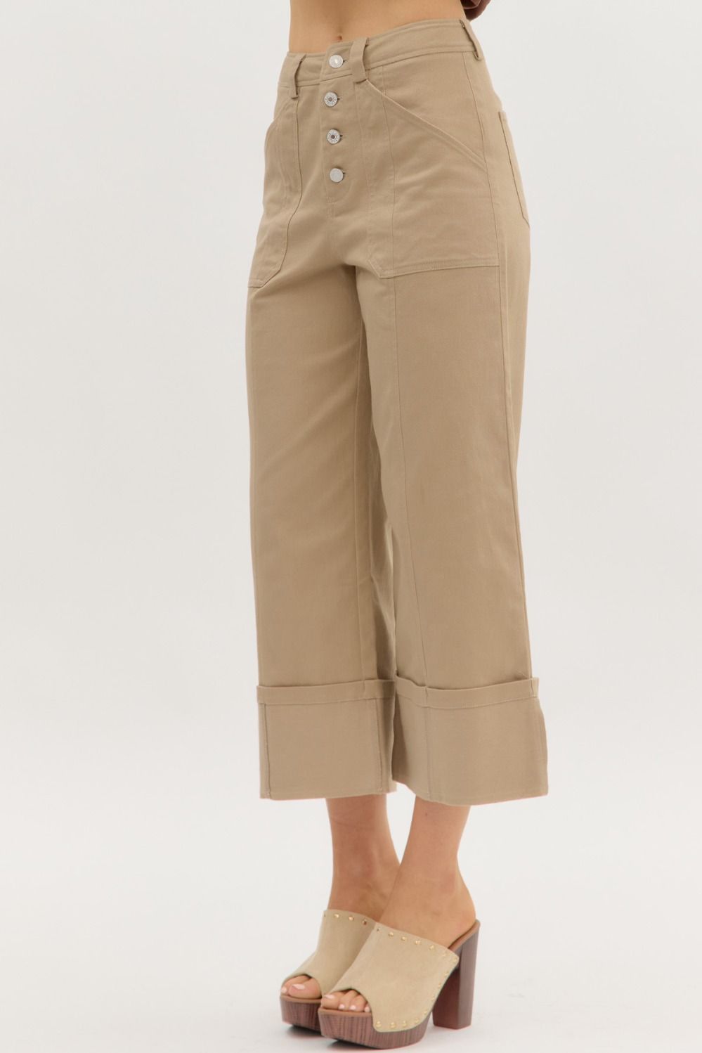 Solid High Waist Cropped Wide-Leg Cuffed Pants