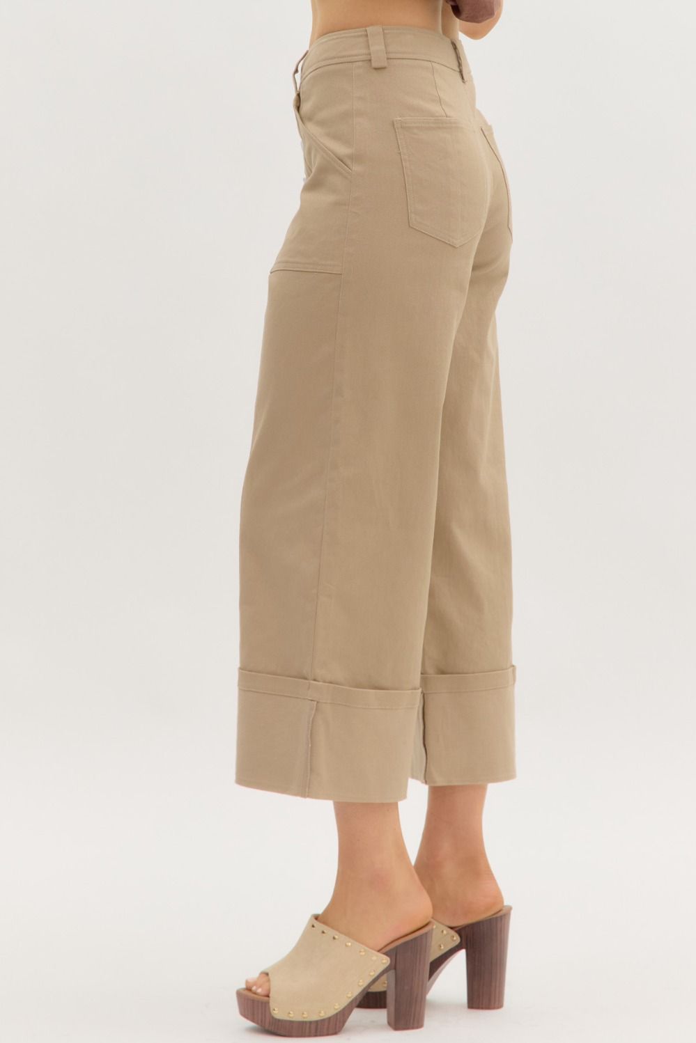 Solid High Waist Cropped Wide-Leg Cuffed Pants