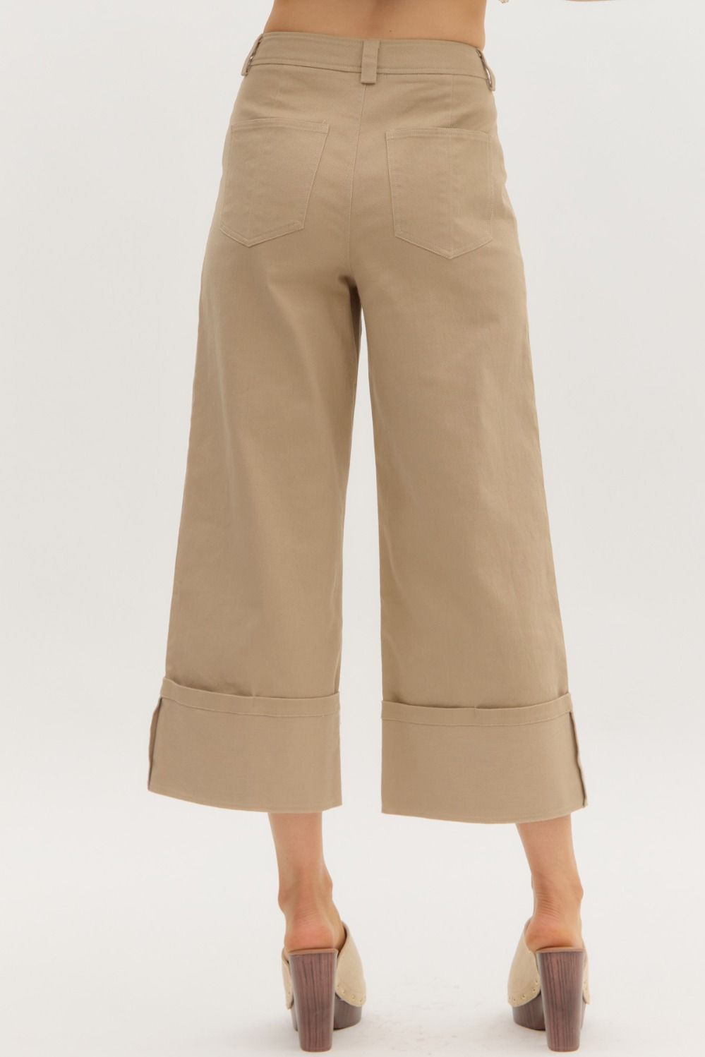 Solid High Waist Cropped Wide-Leg Cuffed Pants