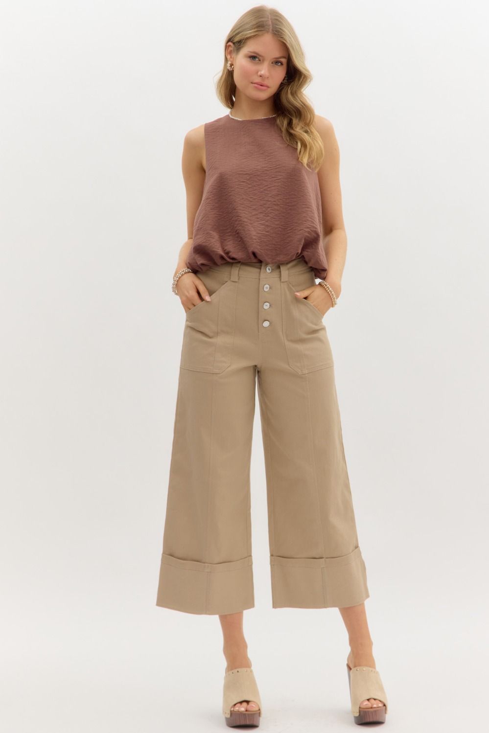 Solid High Waist Cropped Wide-Leg Cuffed Pants
